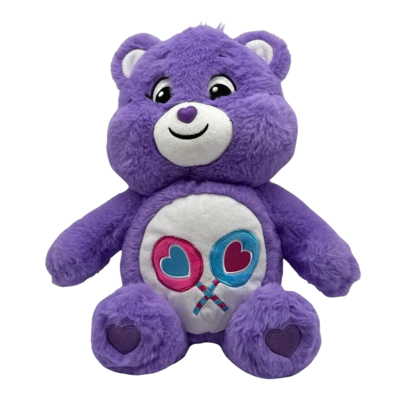 Share Care Bear. A purple Care Bear with a double lollipop coloured in blue and pink symbol on the belly. She has purple love heart shaped paw pads.