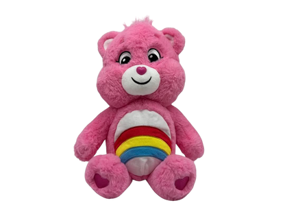Cheer Care Bear. Pink bear with rainbow style belly badge with the colours red, yellow then blue and pink love heart shaped paw pads.