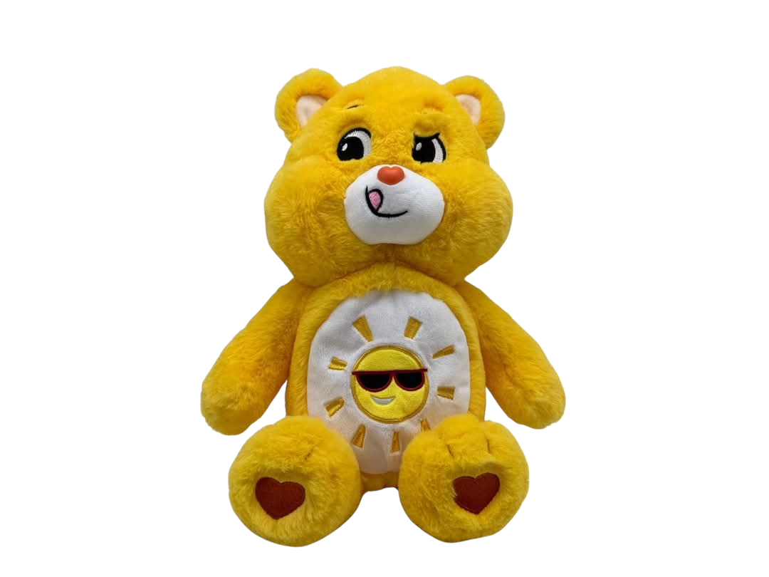 Funshine Care Bear. Yellow bear with a sunshine with sunglasses belly badge and red love hear paw pads