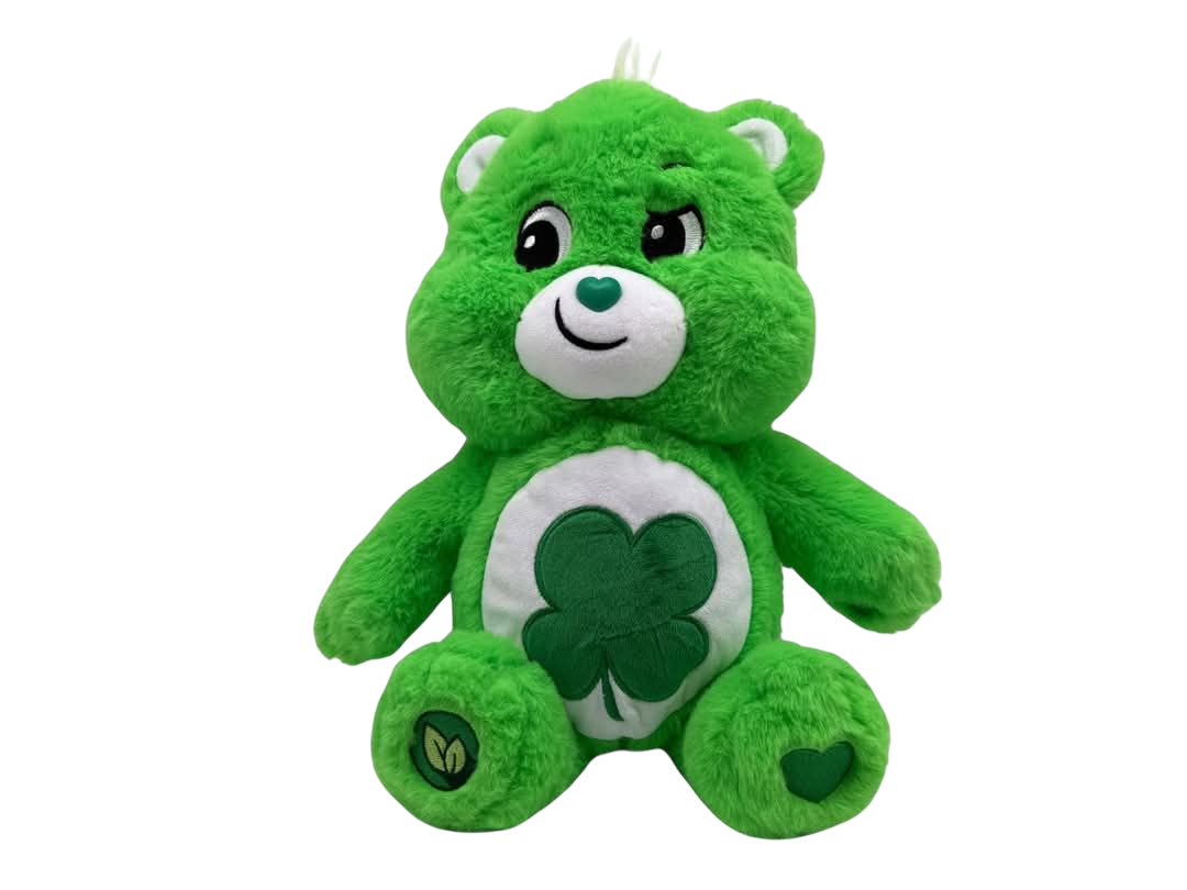 Good Luck Care Bear. Green bear with a lucky green shamrock on his belly and green love heart shaped paw pads.