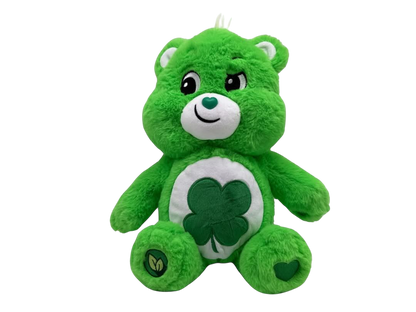 Good Luck Care Bear. Green bear with a lucky green shamrock on his belly and green love heart shaped paw pads.