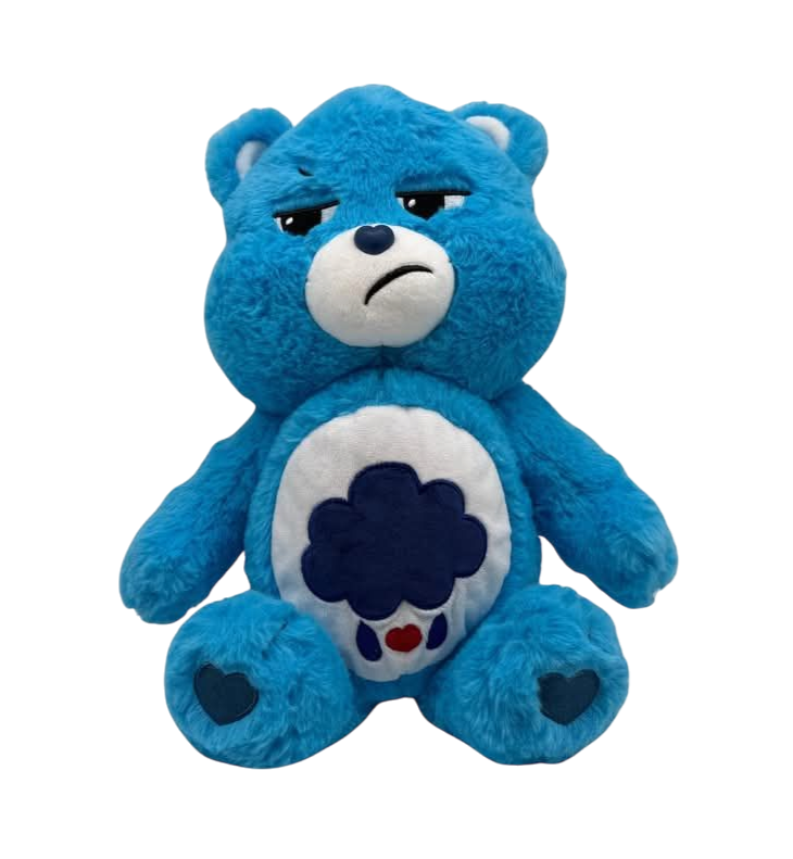 Grumpy Care Bear. Blue Bear with a raincloud belly badge and blue love heart shaped paw pads