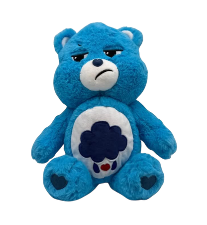 Grumpy Care Bear. Blue Bear with a raincloud belly badge and blue love heart shaped paw pads