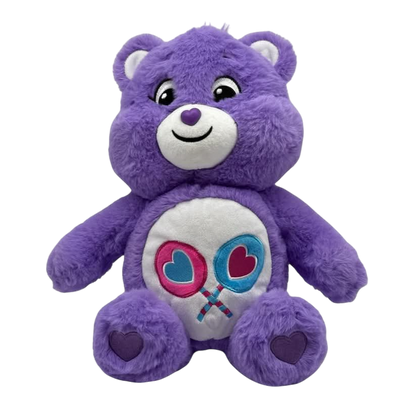 Share Care Bear. A purple Care Bear with a double lollipop coloured in blue and pink symbol on the belly. She has purple love heart shaped paw pads.