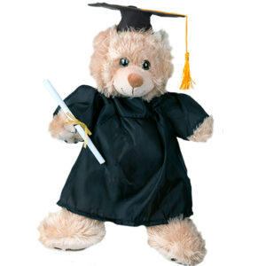 16-inch plush teddy bear dressed in a black graduation gown and cap with gold vessel.